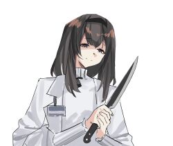 Rule 34 | 1girl, absurdres, arknights, black hairband, brown hair, closed mouth, hairband, highres, holding, holding knife, id card, knife, lab coat, long hair, looking at viewer, priestess (arknights), purple eyes, simple background, smile, solo, upper body, white background, yazu (zoddiacz)