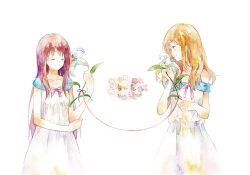 Rule 34 | 2girls, bare arms, blonde hair, closed eyes, commentary request, dress, flower, hand up, holding, holding plant, leaf, lily (flower), long hair, looking at another, moekon, multiple girls, original, painting (medium), parted lips, plant, profile, red hair, sidelocks, simple background, standing, string, string of fate, traditional media, watercolor (medium), white background, white dress, white flower, yuri