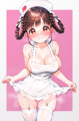 Rule 34 | apron, apron hold, bare shoulders, blush, braided hair rings, breasts, brown hair, closed mouth, collarbone, commentary, frilled apron, frills, garter straps, gluteal fold, hair rings, hat, highres, idolmaster, idolmaster shiny colors, large breasts, looking at viewer, naked apron, nose blush, nurse cap, pink background, qianlou (qianlou12374), red eyes, sideboob, simple background, skindentation, smile, sonoda chiyoko, steaming body, sweat, thighhighs, two-tone background, white apron, white garter straps, white thighhighs
