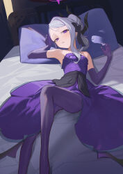 Rule 34 | 1girl, bare shoulders, bed, blue archive, blush, breasts, dress, earrings, elbow gloves, gloves, hair ribbon, halo, highres, hina (blue archive), hina (dress) (blue archive), horns, jewelry, looking at viewer, lying, medium hair, multiple horns, necklace, nuda, on back, pantyhose, pillow, purple dress, purple eyes, purple gloves, purple pantyhose, ribbon, small breasts, swept bangs, thighs, white hair, wings