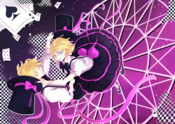 Rule 34 | 1boy, 1girl, blonde hair, blue eyes, bonus stage (vocaloid), bow, brother and sister, card, floating card, hair ornament, hairclip, hat, highres, holding another&#039;s wrist, kagamine len, kagamine rin, lancha, nail polish, playing card, ribbon, shoes, short hair, siblings, skirt, suspenders, twins, vocaloid