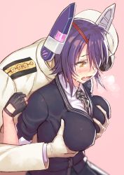 Rule 34 | 10s, 1boy, 1girl, admiral (kancolle), between breasts, black gloves, blush, breasts, collared shirt, dress shirt, eyepatch, gloves, grabbing, grabbing another&#039;s breast, hair over one eye, hat, headgear, heavy breathing, hetero, kantai collection, large breasts, long sleeves, military, military uniform, naval uniform, necktie, necktie between breasts, open mouth, partially fingerless gloves, pink background, purple hair, saliva, school uniform, shirt, short hair, simple background, skirt, sweat, sweater, tenryuu (kancolle), uniform, white gloves, white shirt, yellow eyes, yuuji (and)