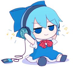 Rule 34 | 1girl, blue bow, blue dress, blue eyes, blue hair, bow, cirno, collared shirt, digital media player, dress, fumo (doll), hands on headphones, headphones, highres, ipod, listening to music, long dress, md5 mismatch, neck ribbon, pinafore dress, puffy short sleeves, puffy sleeves, red ribbon, rei (tonbo0430), ribbon, shirt, short hair, short sleeves, simple background, sleeveless dress, smug, solo, touhou, white background, white shirt