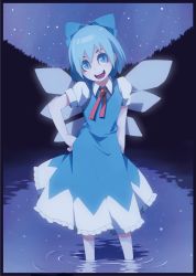Rule 34 | 1girl, :d, bad id, bad pixiv id, blue eyes, blue hair, border, bow, cirno, d@i, hair bow, hand on own hip, head tilt, matching hair/eyes, night, night sky, open mouth, ringed eyes, short hair, sky, smile, soaking feet, solo, touhou, wading, water, wings