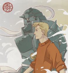 Rule 34 | 1boy, alphonse elric, apron, armor, blonde hair, commentary, english commentary, floating, fullmetal alchemist, grey background, helmet, long sleeves, looking away, male focus, profile, red eyes, red shirt, shirt, short hair, simple background, smile, smoke, standing, upper body, walking, yellow eyes
