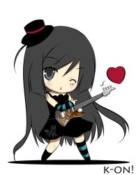 Rule 34 | 00s, 1girl, airast, akiyama mio, bad id, bad pixiv id, bass guitar, black eyes, black hair, chibi, don&#039;t say &quot;lazy&quot;, guitar, hat, heart, instrument, k-on!, long hair, mini hat, mini top hat, one eye closed, solo, striped, top hat, wink