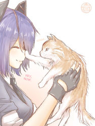 Rule 34 | 10s, 1girl, animal, cat, eyepatch, closed eyes, gloves, hard-translated, headgear, holding, holding animal, holding cat, kantai collection, necktie, partially fingerless gloves, purple hair, ra-yu, short hair, sketch, smile, solo, tenryuu (kancolle), third-party edit, translated, watermark