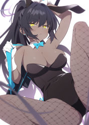 Rule 34 | 1girl, animal ears, arm up, bare shoulders, black hair, black leotard, blue archive, blue bow, blue bowtie, bow, bowtie, breasts, cleavage, closed mouth, dark-skinned female, dark skin, detached collar, earrings, fake animal ears, feet out of frame, fishnet pantyhose, fishnets, gloves, halo, highres, jewelry, karin (blue archive), karin (bunny) (blue archive), large breasts, leotard, long hair, looking at viewer, pantyhose, playboy bunny, ponytail, rabbit ears, solo, strapless, strapless leotard, stud earrings, supershiruco, weapon, weapon on back, white gloves, wrist cuffs, yellow eyes