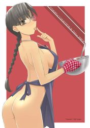 Rule 34 | 10s, 1girl, 2013, apron, ass, back, black hair, braid, braided ponytail, breasts, brown eyes, chocolate, chocolate making, cowboy shot, from behind, glasses, hoshina tomoko, large breasts, licking, licking finger, long hair, looking at viewer, looking back, mixing bowl, naked apron, oven mitts, red background, simple background, single braid, solo, to heart, to heart (series), tongue, tsuina, valentine