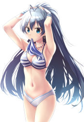 Rule 34 | anchor earrings, antenna hair, armpits, bikini, blue eyes, bow, collar, commentary request, earrings, fingerless gloves, ganaha hibiki, gloves, hair between eyes, hair bow, hands in hair, highres, idolmaster, idolmaster (classic), idolmaster million live!, idolmaster million live! theater days, jewelry, long hair, looking at viewer, mouth hold, navel, ponytail, ribbon, ribbon in mouth, silver hair, simple background, skywaker, striped bikini, striped clothes, swimsuit, very long hair, white background