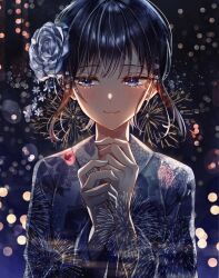 Rule 34 | 1girl, black background, black hair, blue background, blue eyes, blue kimono, blurry, blush, bokeh, closed mouth, commentary request, depth of field, earrings, fireworks, floral print kimono, gradient background, hands up, highres, japanese clothes, jewelry, kimono, light particles, long sleeves, looking to the side, original, sakura (39ra), smile, solo, upper body, wide sleeves