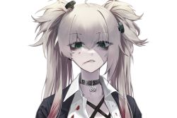 Rule 34 | 1girl, absurdres, blood, blood on face, bolt, choker, collared shirt, commentary request, eyes visible through hair, girls&#039; frontline, green eyes, grey hair, hair between eyes, highres, kimi (hearty yuuki), looking at viewer, lwmmg (girls&#039; frontline), lwmmg (patchworker&#039;s soliloquy) (girls&#039; frontline), official alternate costume, patchwork skin, pentagram, portrait, shirt, simple background, solo, stitched face, stitches, twintails, white background, white shirt