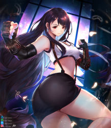 Rule 34 | 1girl, arm guards, artist name, artstation username, ass, bare shoulders, black gloves, black hair, black skirt, blush, breasts, clenched hand, clenched hands, closed eyes, closed mouth, commentary, crop top, deviantart logo, deviantart username, earrings, elbow gloves, elbow pads, fighting stance, final fantasy, final fantasy vii, final fantasy vii remake, fingerless gloves, gloves, highres, hitokiri battousai, jewelry, large breasts, lips, long hair, looking at viewer, looking back, low-tied long hair, midriff, miniskirt, pencil skirt, red eyes, shiny skin, shirt, skirt, sleeveless, solo, suspender skirt, suspenders, tank top, thighs, tifa lockhart, twisted torso, very long hair, white tank top
