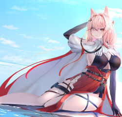 Rule 34 | 1girl, absurdres, animal ear fluff, animal ears, arknights, arm behind head, black gloves, breasts, cape, cleavage, elbow gloves, gloves, hair ornament, highres, large breasts, long hair, lycoris-fullbloom, pink eyes, pink hair, pozyomka (arknights), red skirt, short sleeves, sitting, skirt, solo, thigh strap, very long hair, wolf ears, wolf girl