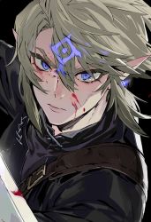Rule 34 | 1boy, alternate eye color, black background, blonde hair, blood, blood on face, bloody weapon, blue eyes, closed mouth, cropped, earrings, face, hair between eyes, jewelry, kaninn, link, male focus, nintendo, pointy ears, scratches, single earring, solo, sword, the legend of zelda, the legend of zelda: twilight princess, weapon