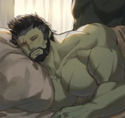 Rule 34 | 1boy, 1other, warrior of light (ff14), bara, closed mouth, colored skin, commentary request, closed eyes, facial hair, final fantasy, final fantasy xiv, green skin, large pectorals, male focus, mature male, muscular, muscular male, pectorals, roegadyn, scar, scar on arm, scar on chest, scar on face, sleeping, solo, topless male, uori