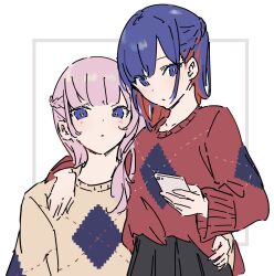 Rule 34 | 2girls, arm around neck, atenaba, black skirt, blue eyes, blue hair, braid, brown sweater, closed mouth, colored inner hair, commentary, french braid, hand on another&#039;s waist, hashtag-only commentary, highres, kaf (kamitsubaki studio), kamitsubaki studio, long hair, long sleeves, multicolored hair, multiple girls, parted lips, pink hair, pleated skirt, red hair, red sweater, rim (kamitsubaki studio), simple background, skirt, sweater, white background, yellow pupils