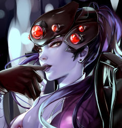 Rule 34 | 1girl, black gloves, bodysuit, breasts, center opening, cleavage, colored skin, earrings, eyelashes, gloves, head-mounted display, highres, jewelry, large breasts, licking, licking finger, licking lips, lips, long hair, looking at viewer, overwatch, overwatch 1, ponytail, purple hair, purple skin, sideways glance, smile, solo, stud earrings, tongue, tongue out, upper body, visor, widowmaker (overwatch), yaya (shizuku), yellow eyes