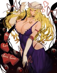 Rule 34 | 1girl, blonde hair, breasts, cleavage, commentary, dress, elbow gloves, english commentary, gap (touhou), gloves, hat, heart, highres, huge breasts, long hair, looking at viewer, mob cap, mole, mole under eye, panties, purple dress, red eyes, red panties, simple background, solo, tomatolover16, touhou, underwear, valentine, white background, white gloves, white hat, yakumo yukari