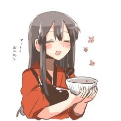 Rule 34 | 10s, 1girl, akagi (kancolle), black hair, blush, bowl, empty, closed eyes, flower, hair between eyes, holding, japanese clothes, kantai collection, long hair, lowres, muneate, open mouth, rebecca (keinelove), solo, straight hair, translated, upper body