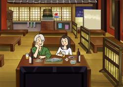 Rule 34 | 1boy, 1girl, alcohol, bangs pinned back, bottle, brown hair, head rest, cup, drinking glass, hair over one eye, japanese clothes, jinbei (clothes), mole, mole under eye, okukawa minako, open mouth, silver hair, sitting, smile, squid, table, television, twc (p-towaco), viktor nikiforov, yuri!!! on ice
