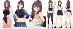 Rule 34 | 1girl, arm behind head, ass, bare shoulders, black footwear, black tank top, blue jacket, blue panties, bow, breasts, brown hair, capri pants, cleavage, closed eyes, clothes lift, clothes pull, collared shirt, crop top, dress shirt, from behind, full body, gradient background, half-closed eyes, hand on own hip, hands on own hips, highres, jacket, large breasts, long hair, looking at viewer, looking to the side, midriff, mikoto akemi, multiple views, nail polish, navel, off shoulder, one-piece swimsuit, one-piece swimsuit pull, original, panties, pants, parted lips, pink nails, pleated skirt, purple eyes, school uniform, shirt, sidelocks, skirt, skirt lift, smile, standing, stomach, striped clothes, striped shirt, swimsuit, tank top, thighs, thong, underwear, white legwear, white shirt, white tank top