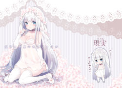 Rule 34 | 1girl, belt collar, blush, breasts, brown collar, chibi, cleavage, closed mouth, collar, detached sleeves, dress, flower, fujisaki hikari, hand up, high heels, lace background, large breasts, long hair, long sleeves, multiple views, original, pink flower, see-through, shoe flower, shoes, silver hair, sitting, sleeves past wrists, smile, standing, strapless, strapless dress, striped, striped background, thighhighs, translation request, veil, vertical stripes, very long hair, wariza, white dress, white footwear, white sleeves, white thighhighs