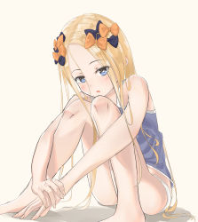 Rule 34 | 1girl, abigail williams (fate), bare shoulders, black bow, blonde hair, blue camisole, blue eyes, blush, bow, camisole, fate/grand order, fate (series), forehead, hair bow, highres, hip focus, knees up, legs, long hair, looking at viewer, open mouth, orange bow, panties, parted bangs, sakazakinchan, sitting, solo, thighs, underwear, white panties