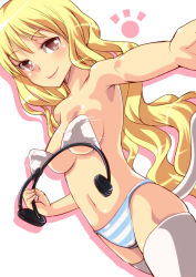 Rule 34 | 1girl, amasora taichi, animal ears, blonde hair, blush, breasts, brown eyes, cat ears, cat tail, censored, convenient censoring, dutch angle, fake animal ears, foreshortening, hairband, long hair, looking at viewer, navel, original, panties, small breasts, smile, solo, striped clothes, striped panties, tail, thighhighs, topless, underwear, unworn hairband, very long hair, wavy hair, white thighhighs