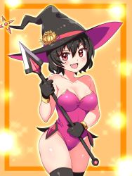 Rule 34 | 1girl, bare shoulders, beatus creation, black gloves, black hair, black hat, black thighhighs, breasts, commentary, cougar (cougar1404), cowboy shot, fang, gloves, hat, hatsume (beatus creation), holding, holding polearm, holding weapon, leotard, looking at viewer, medium breasts, mole, mole under eye, open mouth, pink hat, pink leotard, polearm, red eyes, short hair, skindentation, smile, solo, sparkle, spear, standing, strapless, strapless leotard, thighhighs, two-sided fabric, two-sided headwear, weapon, witch hat