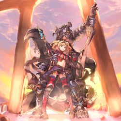Rule 34 | 10s, 1girl, blonde hair, draph, granblue fantasy, highres, looking at viewer, polearm, spear, standing, sunset, thighhighs, twintails, usugiri bacon, vaseraga, weapon, zeta (granblue fantasy)