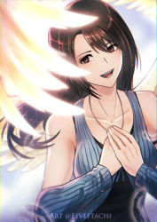 Rule 34 | 1girl, absurdres, arm warmers, black hair, breasts, brown eyes, brown hair, eeveetachi, final fantasy, final fantasy viii, highres, jewelry, long hair, looking at viewer, necklace, open mouth, rinoa heartilly, sleeveless duster, smile, solo, square enix, wings