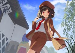 Rule 34 | 2girls, bag, black hair, blush, brown headwear, brown jacket, brown shorts, buttons, cabbie hat, cloud, collared shirt, commentary, commission, day, flower, green kimono, hair flower, hair ornament, handbag, hat, hieda no akyuu, holding, holding pen, holding strap, house, jacket, japanese clothes, jar, kanpa (campagne 9), kimono, layered clothes, layered kimono, lens flare, looking at viewer, medium hair, multiple girls, necktie, open clothes, open jacket, parted lips, pen, pen to chin, pointy ears, purple hair, red eyes, red necktie, red skirt, shameimaru aya, shameimaru aya (newsboy), shirt, shorts, skeb commission, skirt, sky, smile, touhou, tree, white flower, white shirt, yellow bag, yellow kimono