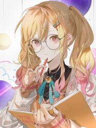 Rule 34 | 1girl, absurdres, aqua ribbon, bespectacled, blonde hair, book, closed mouth, collared shirt, commentary, fingernails, get over it. (project sekai), glasses, gradient hair, highres, holding, holding book, holding pen, lingjiu yuki, long hair, long sleeves, multicolored hair, neck ribbon, official alternate costume, open book, pen, pink eyes, pink hair, project sekai, ribbon, round eyewear, shirt, sidelocks, sleeves past wrists, solo, sweater, tenma saki, twintails, two-tone hair, upper body, v-neck