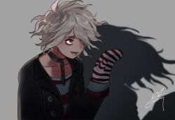 Rule 34 | 1boy, black jacket, collar, collarbone, danganronpa (series), danganronpa another episode: ultra despair girls, drooling, grey background, grey eyes, grey hair, grey shirt, hand up, jacket, komaeda nagito, lower teeth only, male focus, metal collar, mittens, official alternate costume, open clothes, open jacket, red shirt, rei (tdn ng), servant (danganronpa), shadow, shirt, signature, simple background, smile, solo, striped clothes, striped mittens, striped shirt, teeth, two-tone shirt, upper body