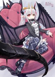 Rule 34 | 1girl, armchair, black collar, black dress, black footwear, black nails, black thighhighs, chair, circlet, closed mouth, collar, commentary request, dragon girl, dragon horns, dragon tail, dragon wings, dress, frilled dress, frills, grey hair, grey wings, heterochromia, highres, horns, long hair, long sleeves, looking at viewer, multicolored hair, nail polish, nishi yasuaki, on chair, original, pointy ears, ponytail, red eyes, red hair, shoes, signature, solo, streaked hair, tail, thighhighs, translation request, very long hair, wings, yellow eyes