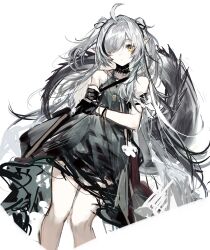 Rule 34 | 1girl, ahoge, arknights, bare shoulders, black choker, black dress, black gloves, black hair, black ribbon, choker, closed mouth, crocodilian tail, cropped legs, dress, expressionless, gloves, hair over one eye, hair ribbon, highres, looking at viewer, multicolored hair, official alternate costume, partially fingerless gloves, pointy ears, remsrar, ribbon, simple background, sleeveless, sleeveless dress, solo, streaked hair, tail, thigh gap, tomimi (arknights), two-tone hair, two side up, white background, yellow eyes