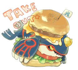 Rule 34 | akadako, animal focus, black sclera, burger, cheese, colored sclera, creatures (company), english text, food, food focus, food on head, game freak, gen 3 pokemon, in food, kyogre, legendary pokemon, lettuce, meat, mini flag, multicolored eyes, nintendo, no humans, object on head, one-hour drawing challenge, open mouth, pokemon, pokemon (creature), red eyes, sesame seeds, simple background, solo, team aqua, tomato, white background, yellow eyes