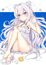 Rule 34 | 1girl, @ @, absurdres, arlene (ju), ass, azur lane, bandaged arm, bandages, bare arms, bare shoulders, barefoot, bendy straw, blue background, blue eyes, blue nails, blush, breasts, closed mouth, collarbone, commentary request, cup, double bun, dress, drinking glass, drinking straw, fingernails, flower, hair between eyes, hair bun, head tilt, high heels, highres, holding, holding cup, ice, ice cube, knees up, le malin (azur lane), le malin (sleepy sunday) (azur lane), legs, long hair, manjuu (azur lane), nail polish, panties, purple nails, rose, sandals, silver hair, sitting, sleeveless, sleeveless dress, small breasts, solo, sweat, thighs, toenail polish, toenails, two-tone background, underwear, very long hair, white background, white dress, white flower, white footwear, white panties, white rose