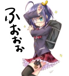 Rule 34 | 10s, 1girl, ahoge, arm up, bag, black bag, black jacket, black thighhighs, blue eyes, blush, chuunibyou demo koi ga shitai!, commentary request, eyepatch, feet out of frame, gotou hisashi, hair ornament, hair ribbon, jacket, looking at viewer, one eye covered, one side up, open mouth, plaid, plaid skirt, purple hair, red ribbon, ribbon, school bag, school uniform, short hair, signature, simple background, skirt, solo, star (symbol), takanashi rikka, thighhighs, translation request, umbrella, white background, yellow ribbon