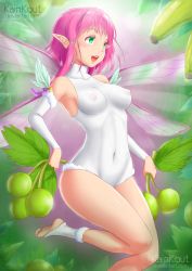 Rule 34 | 1girl, armpits, artist name, banana, bare shoulders, blush, bodysuit, breasts, breasts apart, colored eyelashes, covered collarbone, covered erect nipples, covered navel, fairy, fairy wings, feathers, food, forest, from side, fruit, grapes, green eyes, hair ornament, halterneck, highres, impossible clothes, kainkout, leotard, lips, medium breasts, nature, open mouth, original, outdoors, pink hair, pointy ears, see-through, short hair, short hair with long locks, signature, skin tight, smile, solo, thighs, white leotard, wings