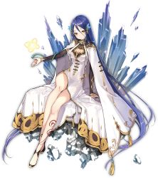 Rule 34 | 1girl, ark order, black footwear, blue hair, blush, bracelet, breasts, butterfly hair ornament, cape, cleavage cutout, closed mouth, clothing cutout, detached sleeves, dress, full body, gold trim, hair ornament, hair tubes, ice, jewelry, kamon (shinshin), large breasts, leg tattoo, long hair, long sleeves, looking at viewer, magic, nuwa (ark order), official art, shoes, sidelocks, sitting, smile, solo, tachi-e, tassel, tattoo, transparent background, very long hair, white cape, white dress, yellow eyes