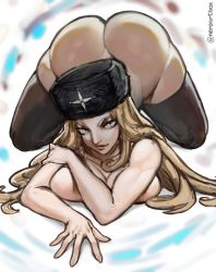 Rule 34 | 1girl, ass, black thighhighs, blonde hair, blue eyes, bottomless, breasts, butt crack, cleavage, eyebrows, fur hat, hand on ground, hand on own arm, hat, highres, huge ass, kolin, large breasts, lips, long hair, muscular, muscular female, neroartbox, no bra, no panties, solo, street fighter, street fighter v, thick lips, thick thighs, thighhighs, thighs, top-down bottom-up, ushanka, wide hips