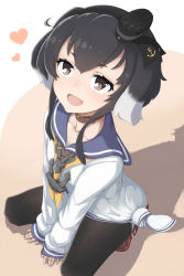 Rule 34 | 10s, 1girl, :d, anchor, anchor symbol, animal collar, arm support, black hair, black pantyhose, brown eyes, collar, dress, from above, gradient hair, headgear, heart, highres, kantai collection, looking at viewer, looking up, mku, multicolored hair, neckerchief, open mouth, pantyhose, sailor collar, sailor dress, shadow, shirt, short hair, short hair with long locks, sleeves past wrists, smile, solo, squatting, thighhighs, tied shirt, tokitsukaze (kancolle), white dress