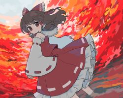 Rule 34 | 1girl, autumn, bare shoulders, bow, brown eyes, brown hair, commentary request, day, detached sleeves, expressionless, floating hair, frilled bow, frilled hair tubes, frills, hair bow, hair tubes, hakurei reimu, highres, kibisake, light blush, long hair, long sleeves, looking back, outdoors, petticoat, red bow, red eyes, red skirt, red vest, sarashi, skirt, skirt set, sleeves past wrists, solo, touhou, vest, wide sleeves