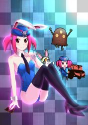 Rule 34 | adapted costume, animal ears, bad id, bad pixiv id, bag, black legwear, bunny uniform, bus, card, checkered background, detached collar, duel monster, fake animal ears, full body, handbag, hat, high heels, junk doppel, leotard, motor vehicle, necktie, pantyhose, playboy bunny, rabbit ears, red eyes, red hair, rescue rabbit, sangan, shoes, sitting, skirt, skull, thighhighs, tour guide from the underworld, twintails, uniform, vehicle, wrist cuffs, yu-gi-oh!, yu-gi-oh! duel monsters, yu-gi-oh (card)