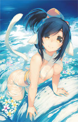 Rule 34 | 10s, 1girl, amazuyu tatsuki, animal ears, arched back, arm support, bikini, bikini top only, black hair, blue hair, blue theme, breasts, brown eyes, cat ears, cat tail, cleavage, covered erect nipples, criss-cross halter, eyes visible through hair, flower, hair up, halterneck, highres, kuon (utawarerumono), leaning forward, looking at viewer, medium breasts, non-web source, official art, smile, solo, swept bangs, swimsuit, tail, utawarerumono, utawarerumono: itsuwari no kamen, wading, water, wet, wet clothes, yellow eyes