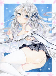 Rule 34 | 1girl, ahoge, asebi, ass, azur lane, black skirt, blue eyes, blush, bright pupils, commentary request, dress, feet out of frame, gradient eyes, grey hair, highres, long sleeves, looking at viewer, lying, multicolored eyes, on side, panties, panty peek, parted lips, pleated skirt, purple eyes, skirt, solo, thighhighs, thighs, thong, traditional media, umikaze (azur lane), underwear, white dress, white panties, white pupils, white thighhighs, wide sleeves