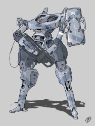 Rule 34 | 77lee77, absurdres, grey background, gun, highres, holding, holding gun, holding weapon, looking ahead, mecha, no humans, one-eyed, original, red eyes, robot, science fiction, solo, standing, weapon