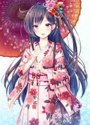 Rule 34 | 1girl, akashio (loli ace), bag, black hair, blush, commentary request, eyes visible through hair, floral print, flower, hair flower, hair ornament, highres, japanese clothes, kimono, long hair, looking at viewer, obi, oil-paper umbrella, one side up, original, parted lips, print kimono, purple eyes, sash, smile, solo, umbrella, very long hair, wide sleeves